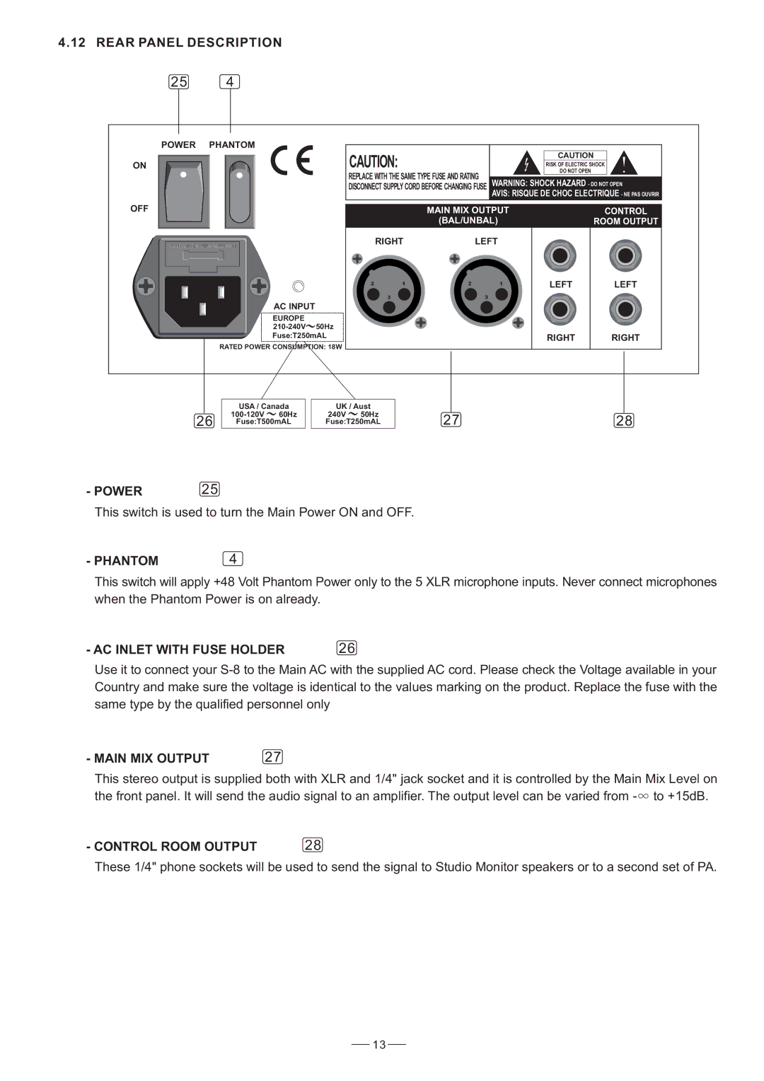 Nilfisk-ALTO S-8 Rear Panel Description, PHANTOM4, AC Inlet with Fuse Holder, Main MIX Output, Control Room Output 