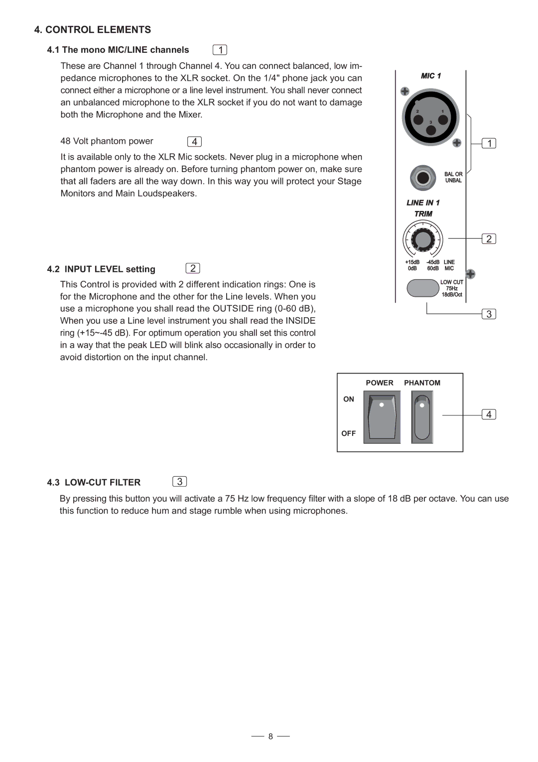 Nilfisk-ALTO S-8 user manual Mono MIC/LINE channels, Input Level setting, LOW-CUT Filter 