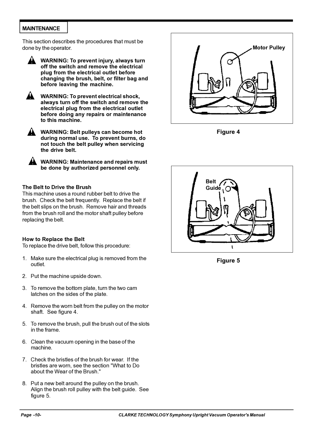 Nilfisk-ALTO S12cc, S16 manual Maintenance, Belt to Drive the Brush, How to Replace the Belt, Motor Pulley Belt Guide 