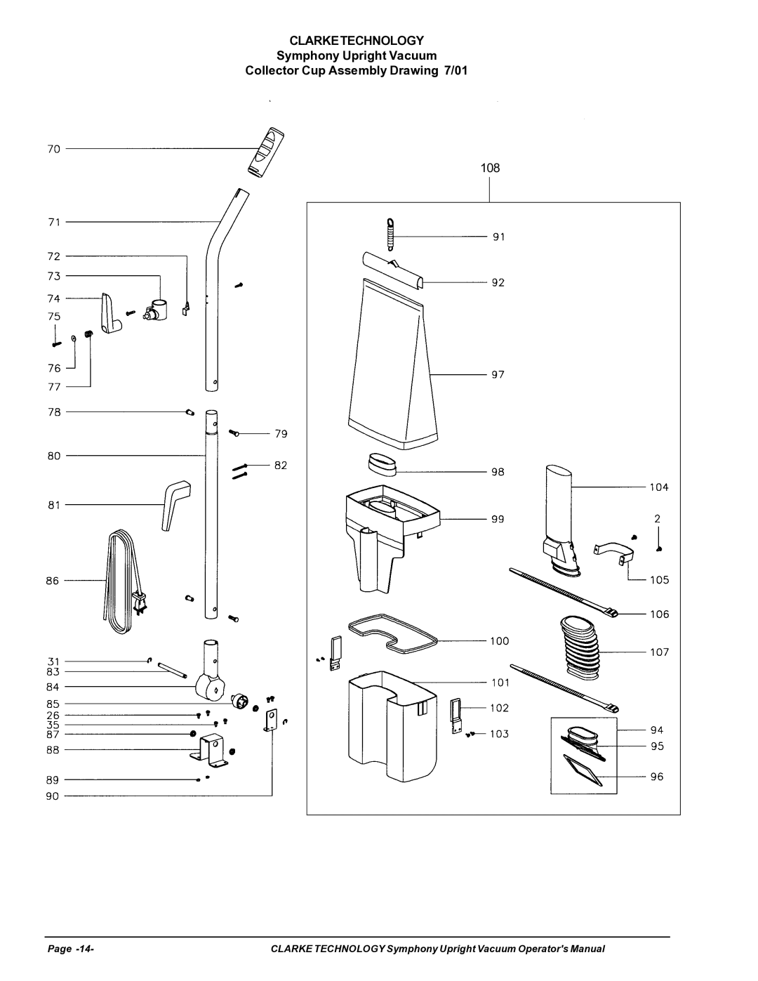 Nilfisk-ALTO S16, S12cc manual Symphony Upright Vacuum Collector Cup Assembly Drawing 7/01 