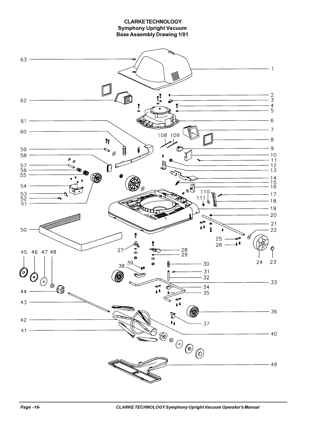 Nilfisk-ALTO S12cc, S16 manual Symphony Upright Vacuum Base Assembly Drawing 1/01 