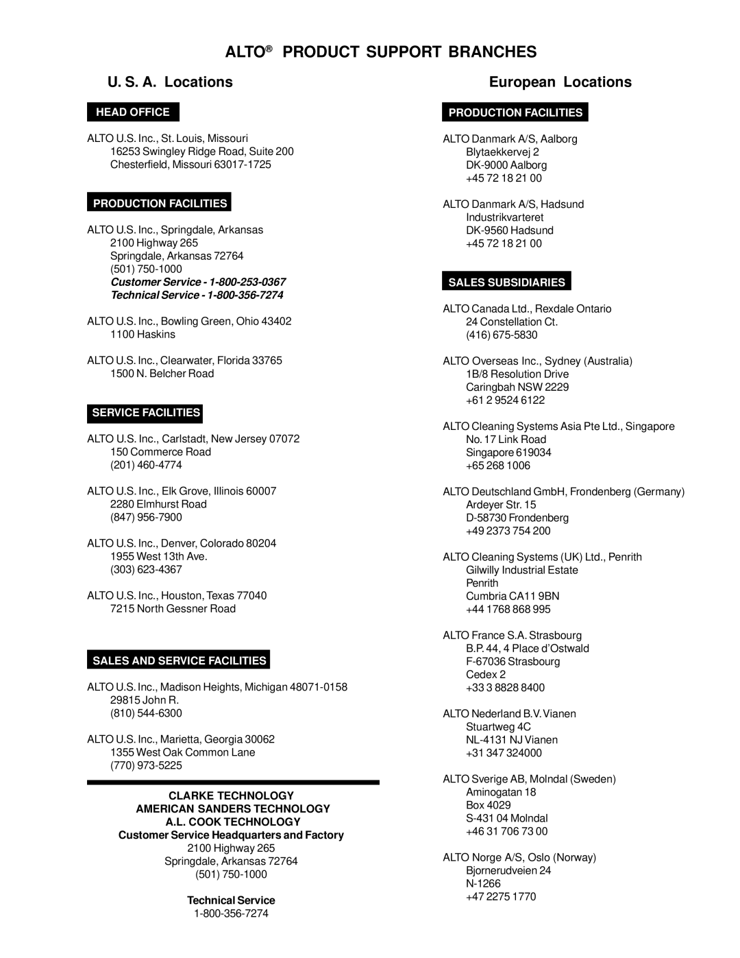 Nilfisk-ALTO S12cc, S16 manual Alto Product Support Branches 