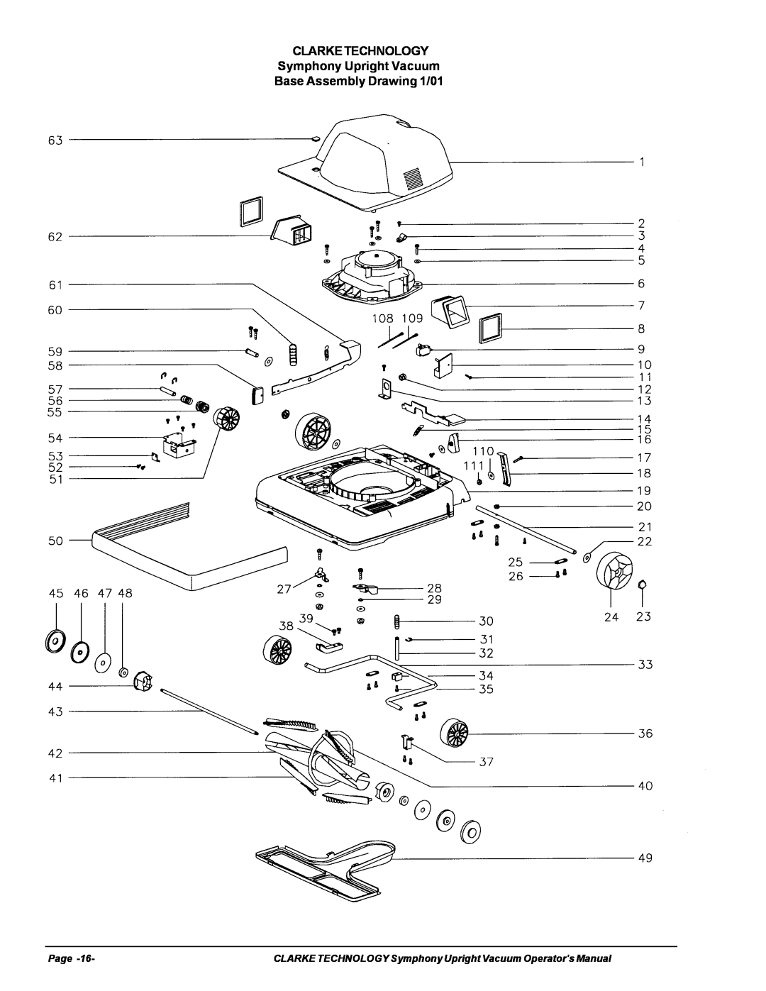 Nilfisk-ALTO S12cc, S16 manual CLARKETECHNOLOGY Symphony Upright Vacuum, Base Assembly Drawing 1/01, Page 