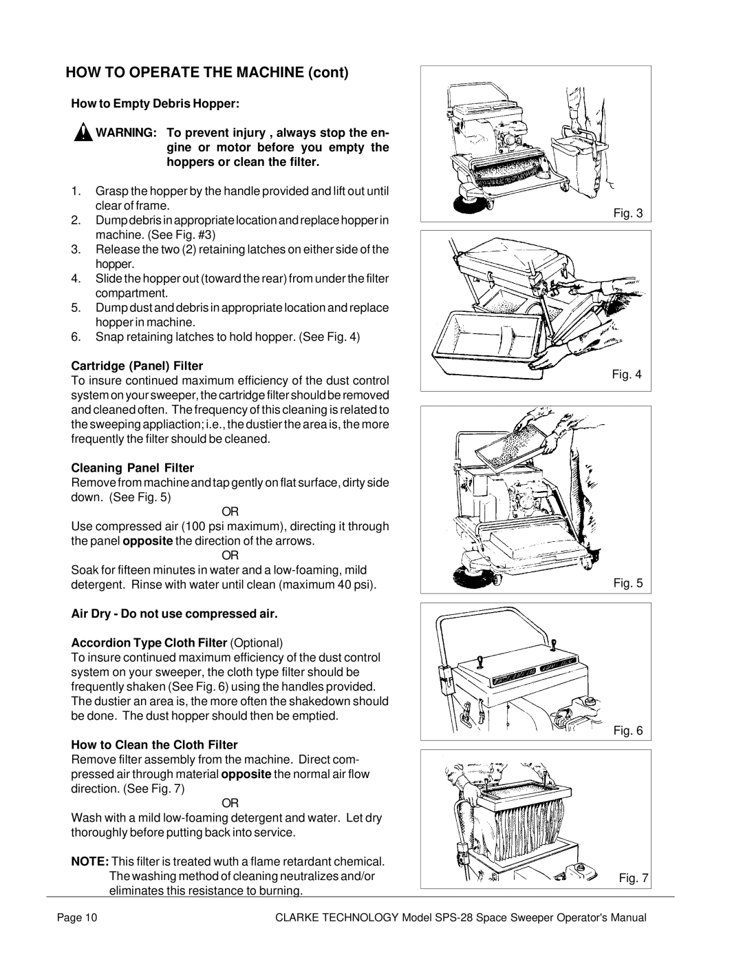 Nilfisk-ALTO SPS-28 E manual How to Empty Debris Hopper, Cartridge Panel Filter, Cleaning Panel Filter 