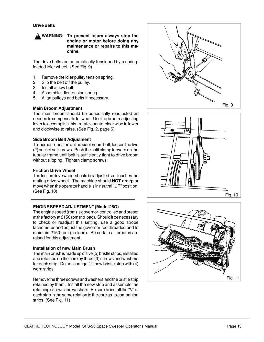 Nilfisk-ALTO SPS-28 E manual Drive Belts, Main Broom Adjustment, Side Broom Belt Adjustment, Friction Drive Wheel 