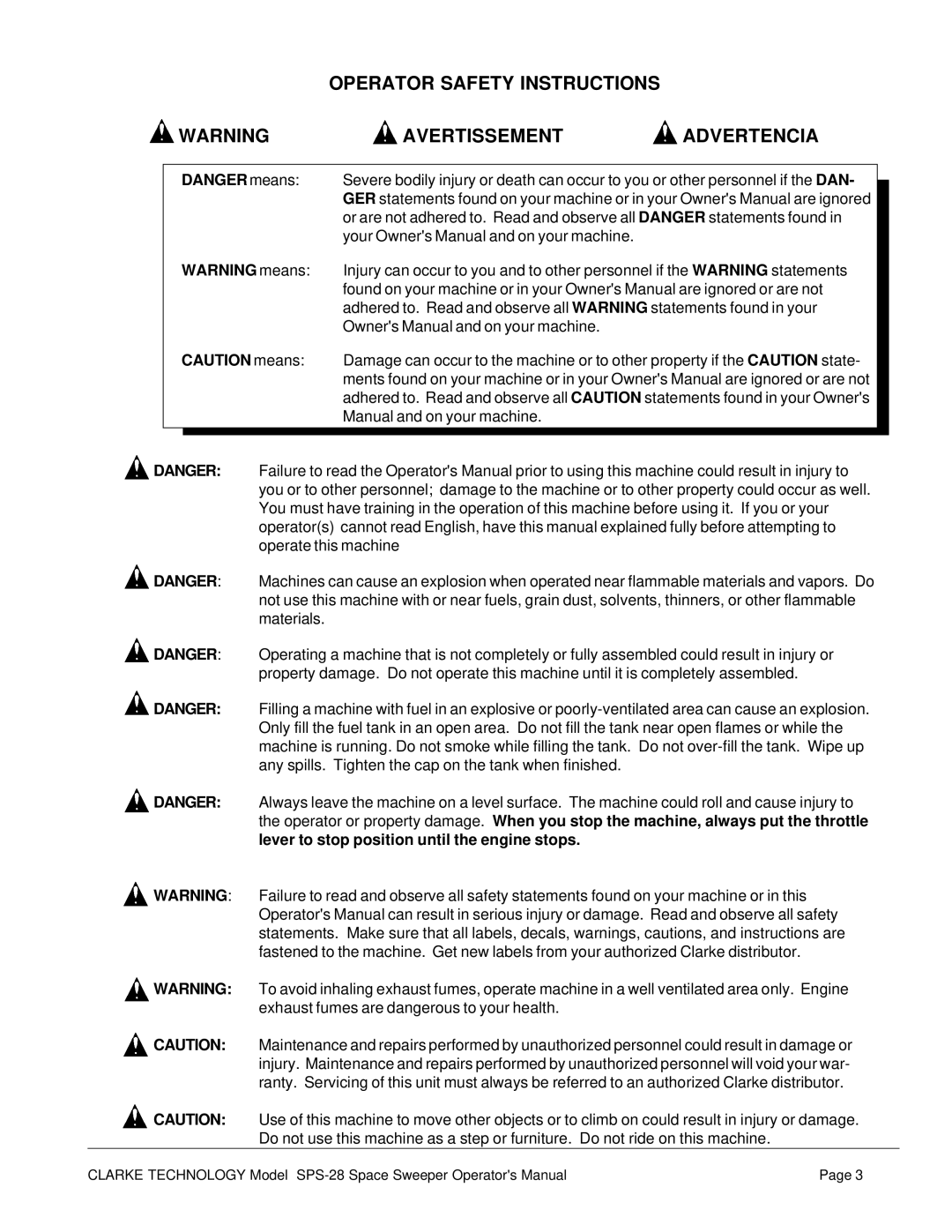 Nilfisk-ALTO SPS-28 E manual Operator Safety Instructions Avertissement Advertencia 