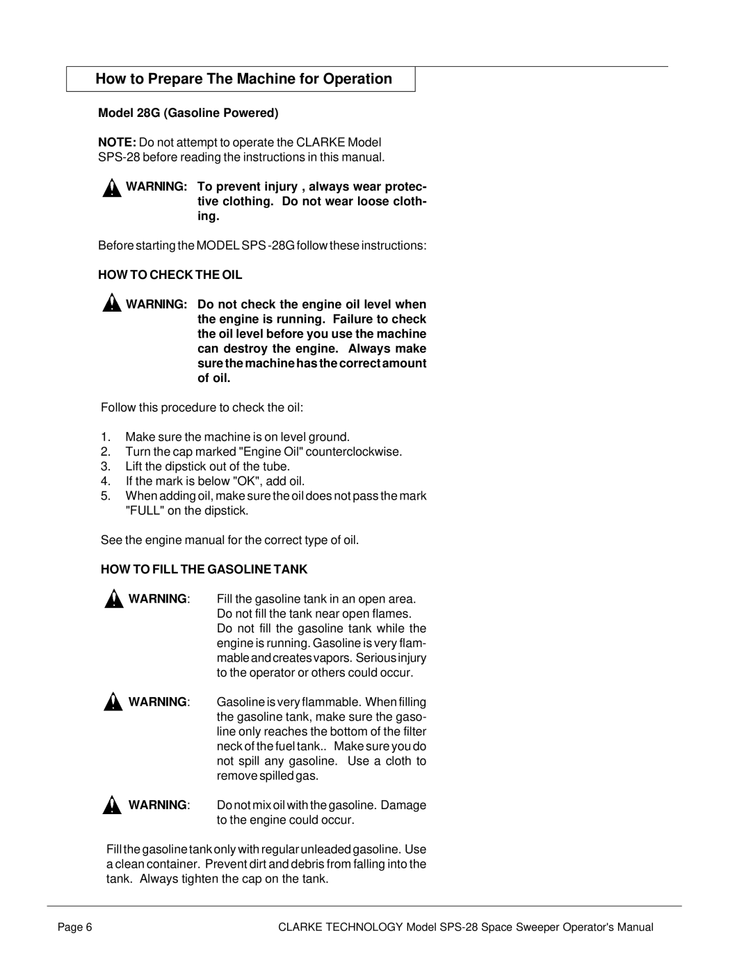 Nilfisk-ALTO SPS-28 E manual How to Prepare The Machine for Operation, Model 28G Gasoline Powered 