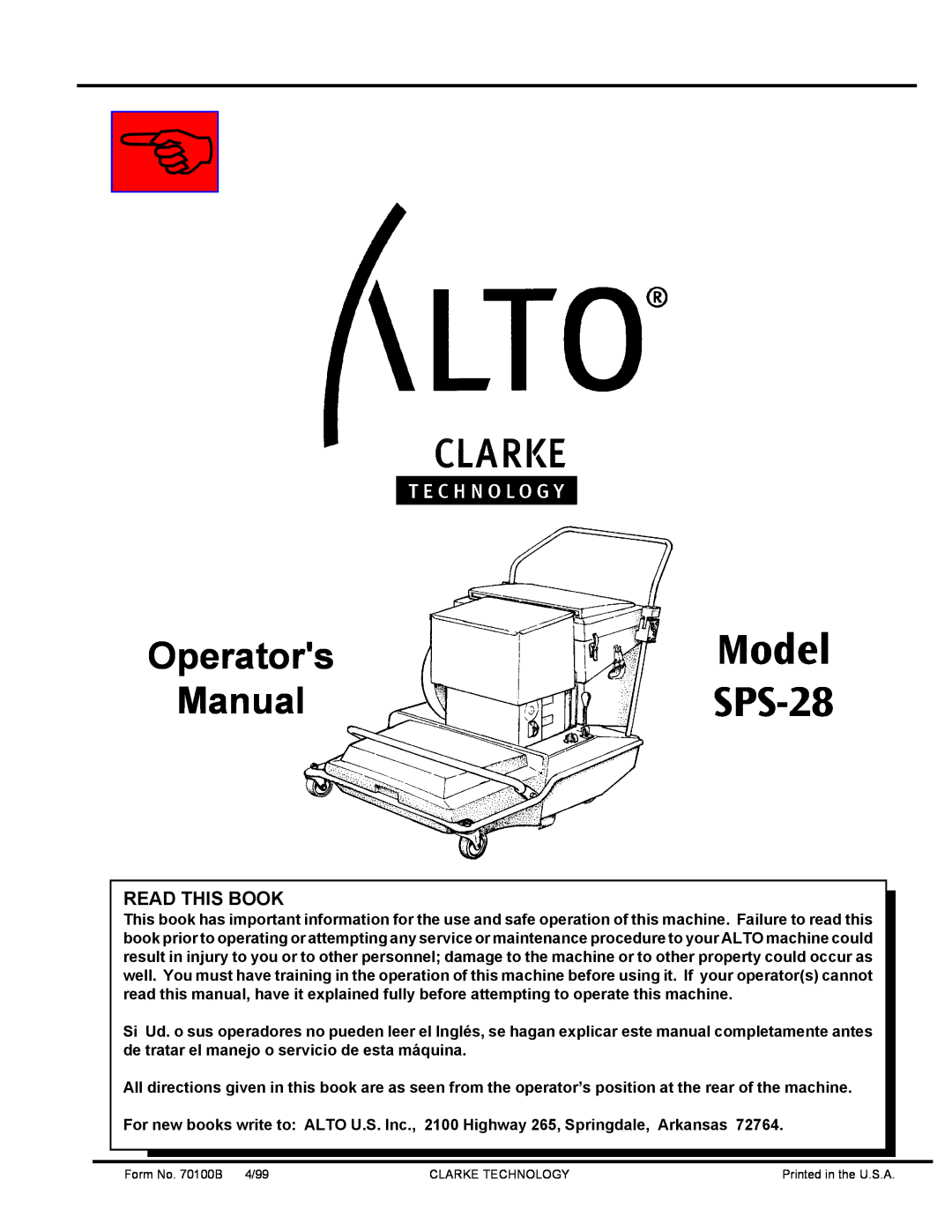 Nilfisk-ALTO SPS-28 E manual Operators Manual, Model SPS-28, Read This Book 