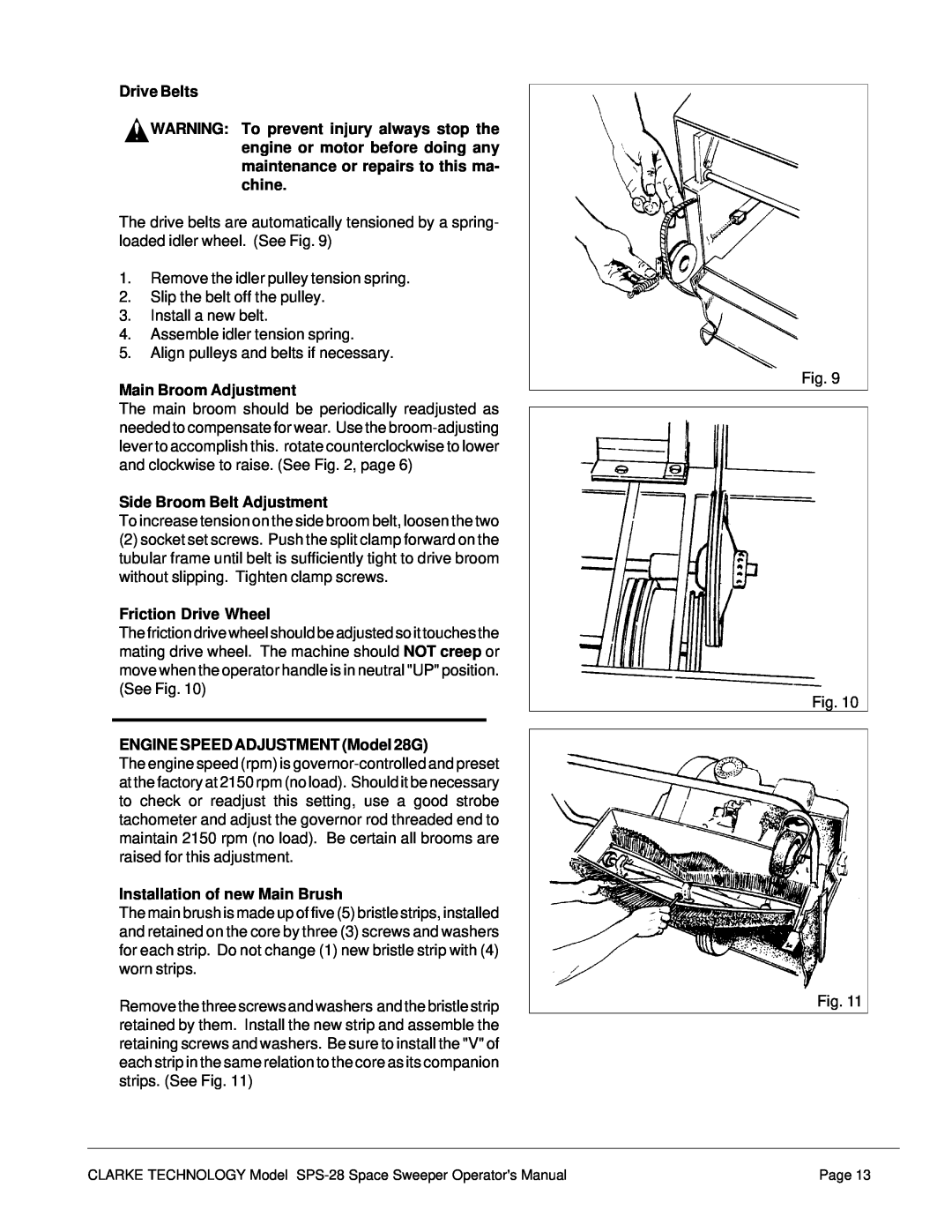 Nilfisk-ALTO SPS-28 E manual Drive Belts, Main Broom Adjustment, Side Broom Belt Adjustment, Friction Drive Wheel 