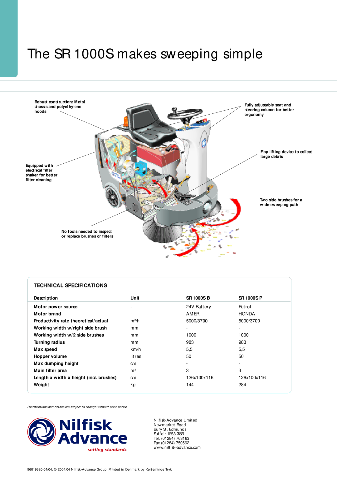 Nilfisk-ALTO SR 1000S B, SR 1000S P technical specifications SR 1000S makes sweeping simple, Technical Specifications 