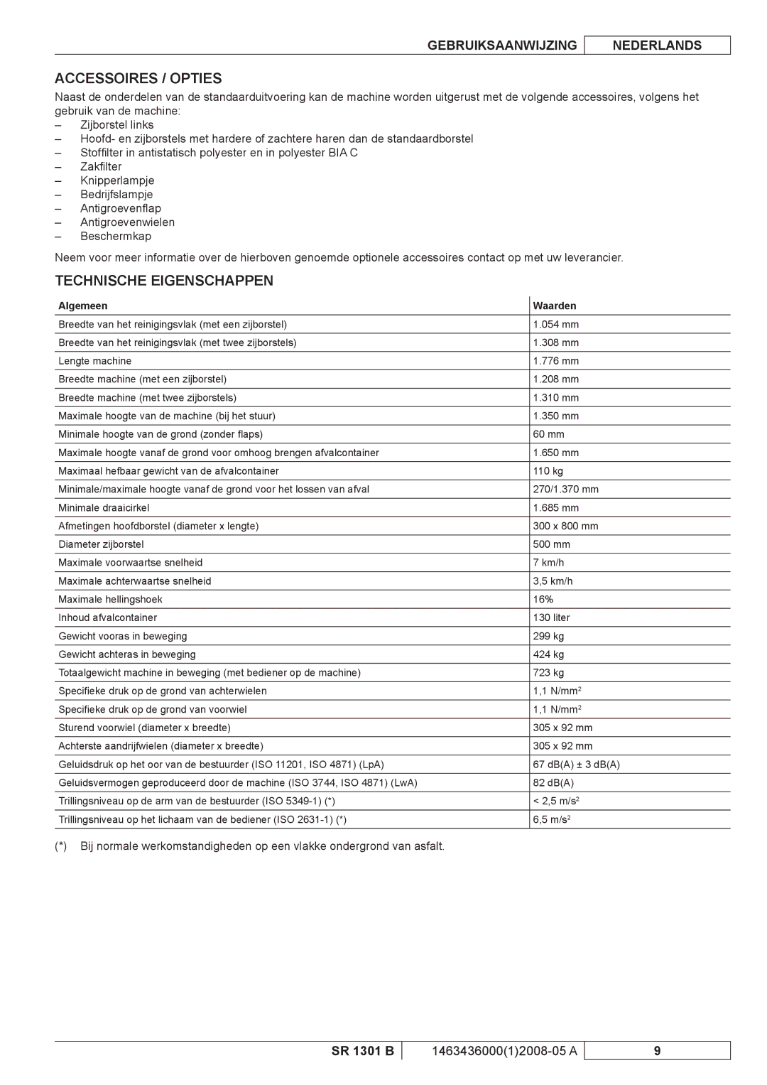 Nilfisk-ALTO SR 1301 B manuel dutilisation Accessoires / Opties, Technische Eigenschappen, Algemeen Waarden 