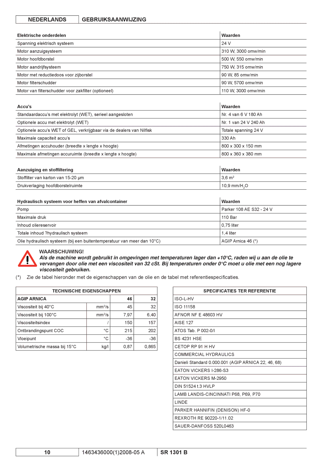 Nilfisk-ALTO SR 1301 B manuel dutilisation Elektrische onderdelen Waarden, Accu’s Waarden, Aanzuiging en stofﬁltering 