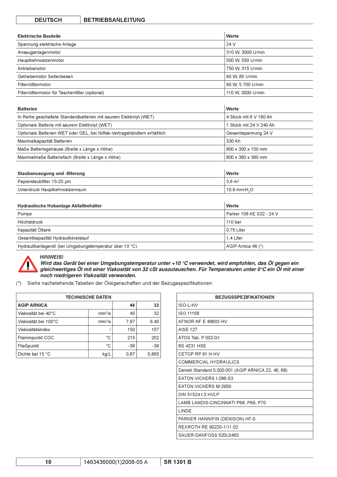 Nilfisk-ALTO SR 1301 B manuel dutilisation Elektrische Bauteile Werte, Batterien Werte, Staubansaugung und -ﬁlterung Werte 