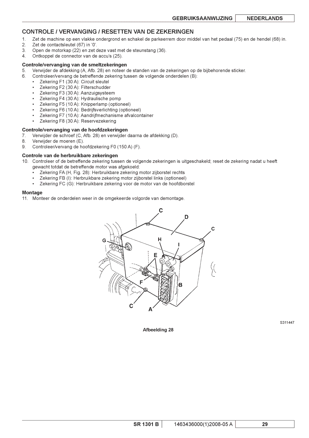 Nilfisk-ALTO SR 1301 B Controle / Vervanging / Resetten VAN DE Zekeringen, Controle/vervanging van de smeltzekeringen 