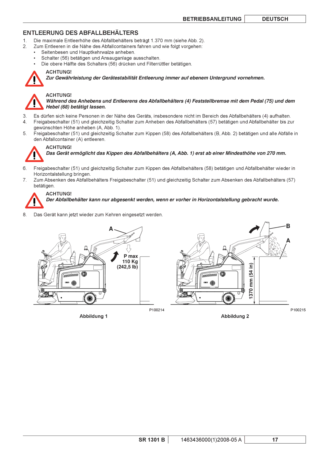 Nilfisk-ALTO SR 1301 B manuel dutilisation Entleerung DES Abfallbehälters 