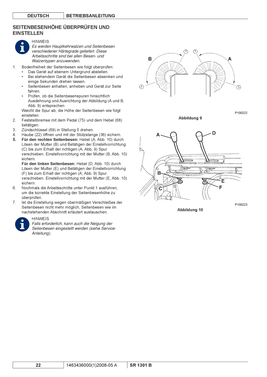 Nilfisk-ALTO SR 1301 B manuel dutilisation Seitenbesenhöhe Überprüfen UND Einstellen 