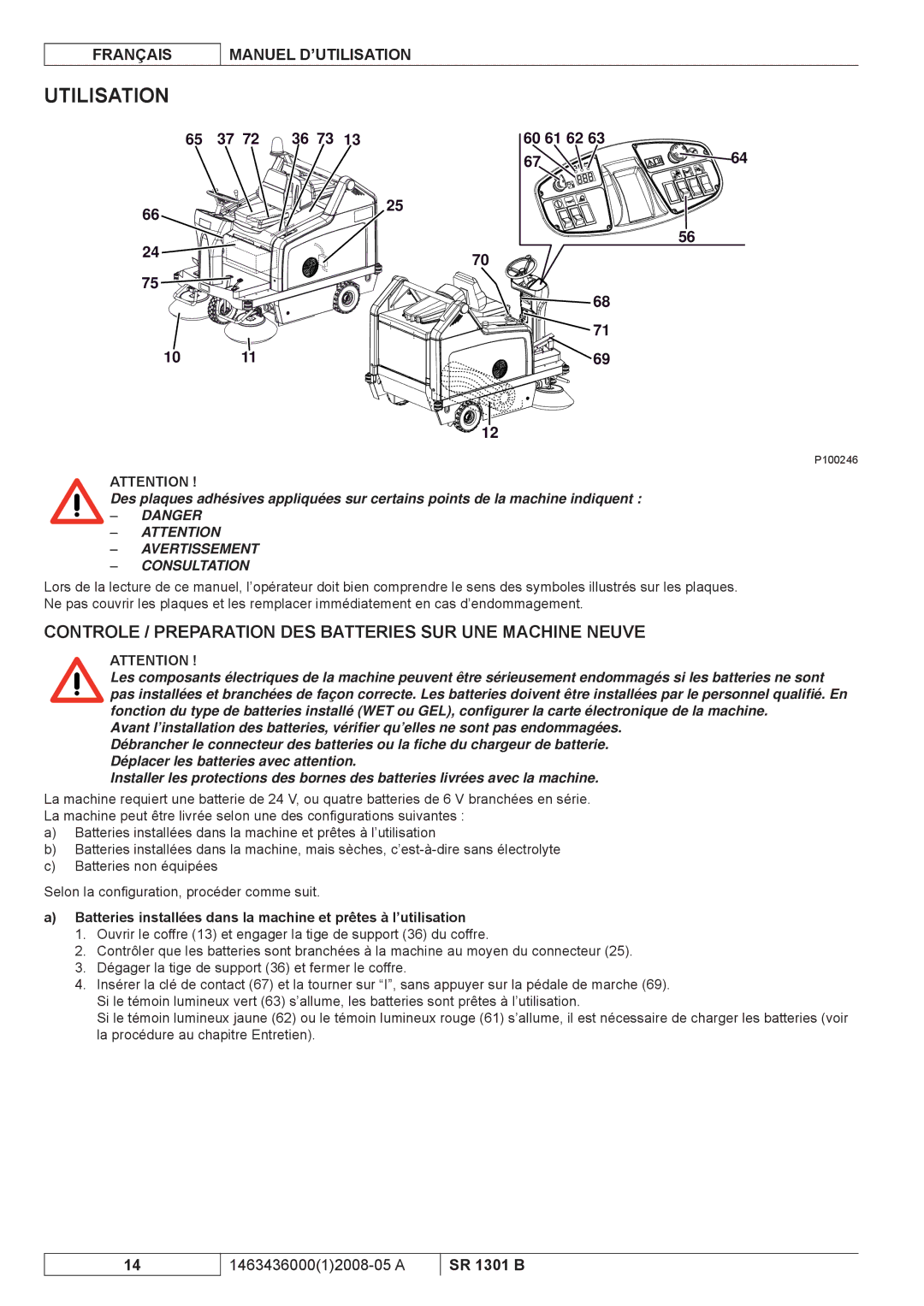 Nilfisk-ALTO SR 1301 B manuel dutilisation Utilisation, Controle / Preparation DES Batteries SUR UNE Machine Neuve 