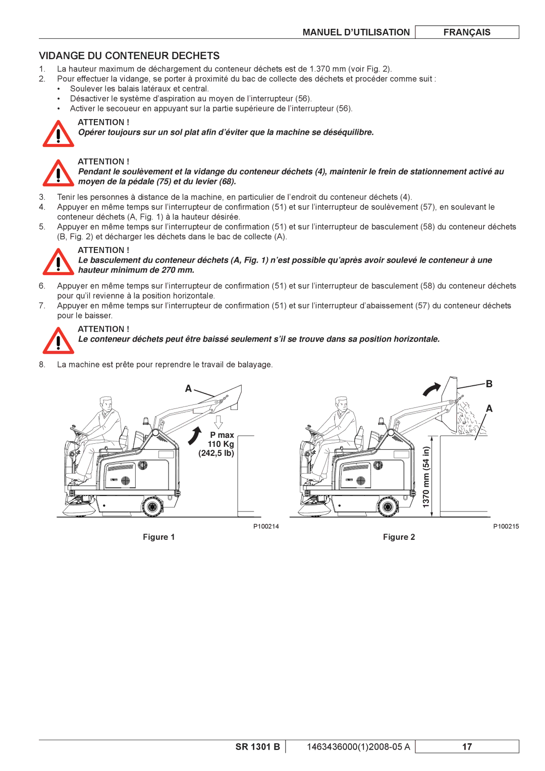 Nilfisk-ALTO SR 1301 B manuel dutilisation Vidange DU Conteneur Dechets 