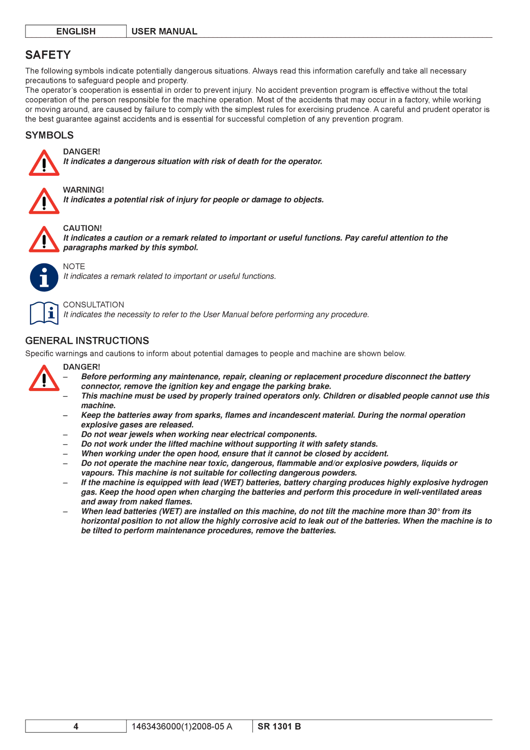 Nilfisk-ALTO SR 1301 B manuel dutilisation Safety, Symbols, General Instructions 