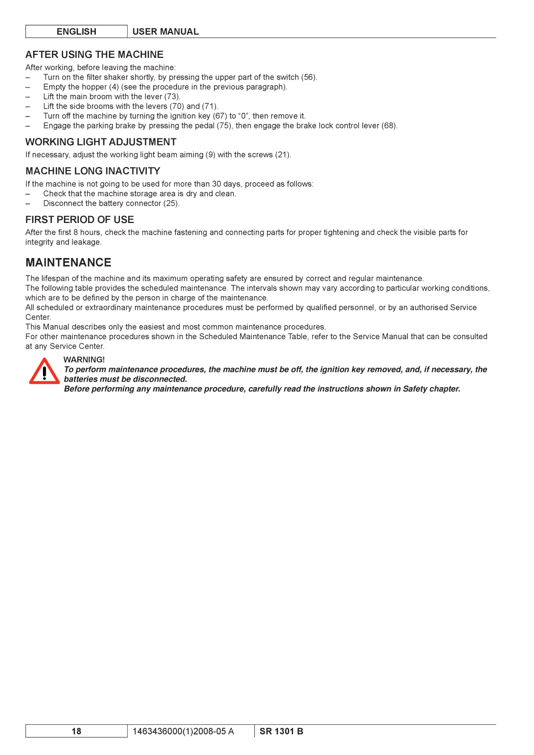 Nilfisk-ALTO SR 1301 B Maintenance, After Using the Machine, Working Light Adjustment, Machine Long Inactivity 