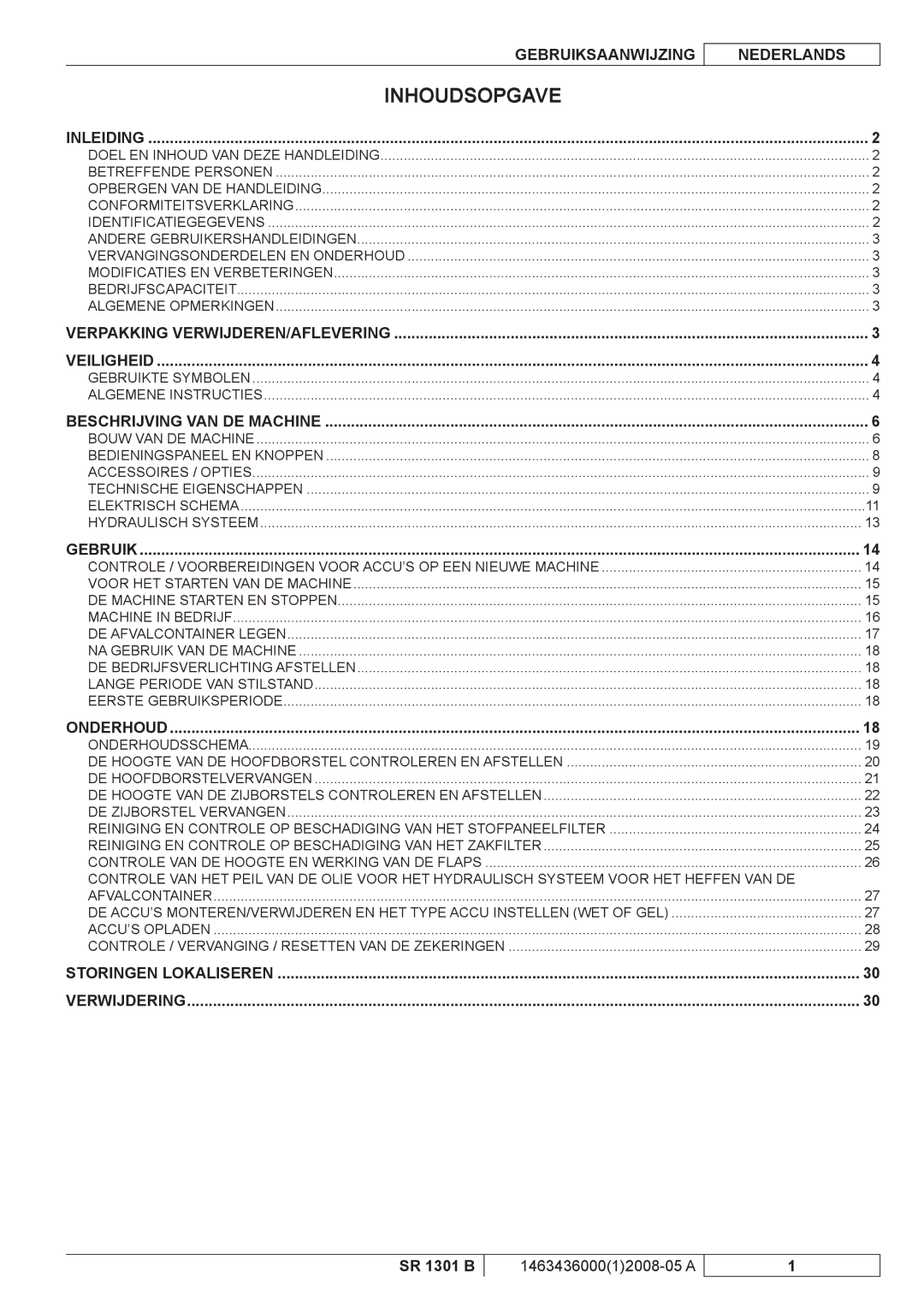 Nilfisk-ALTO SR 1301 B manuel dutilisation Inhoudsopgave, Inleiding 