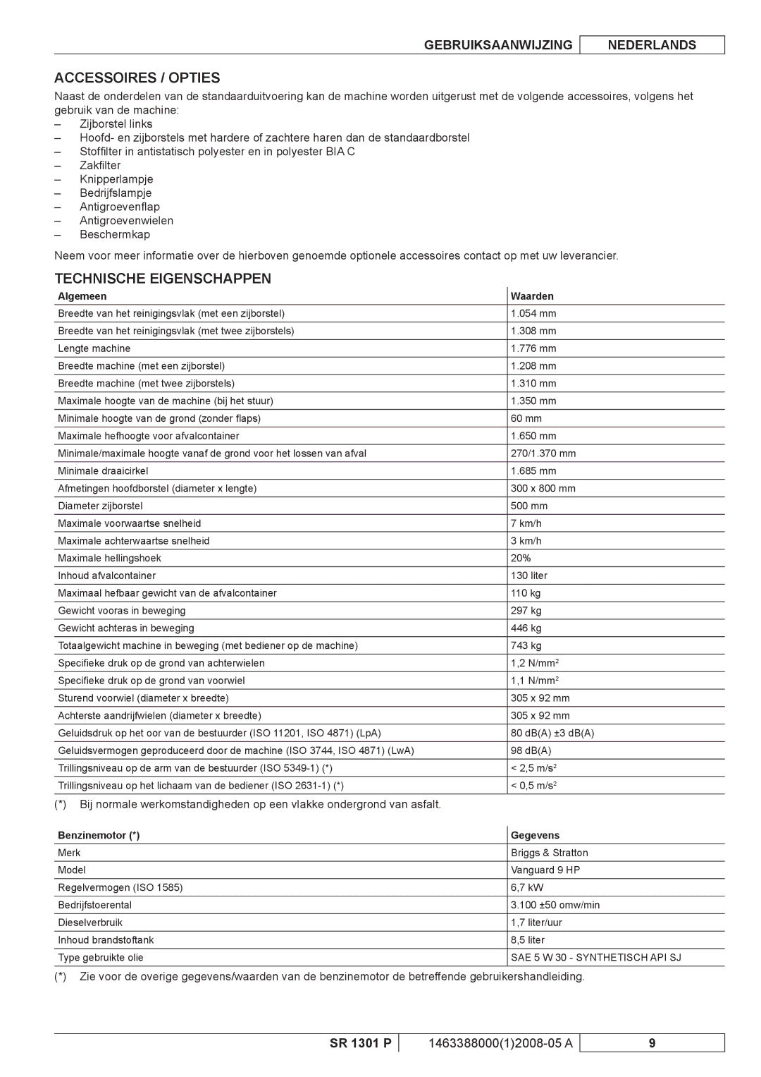 Nilfisk-ALTO SR 1301 P Accessoires / Opties, Technische Eigenschappen, Algemeen Waarden, Benzinemotor Gegevens 