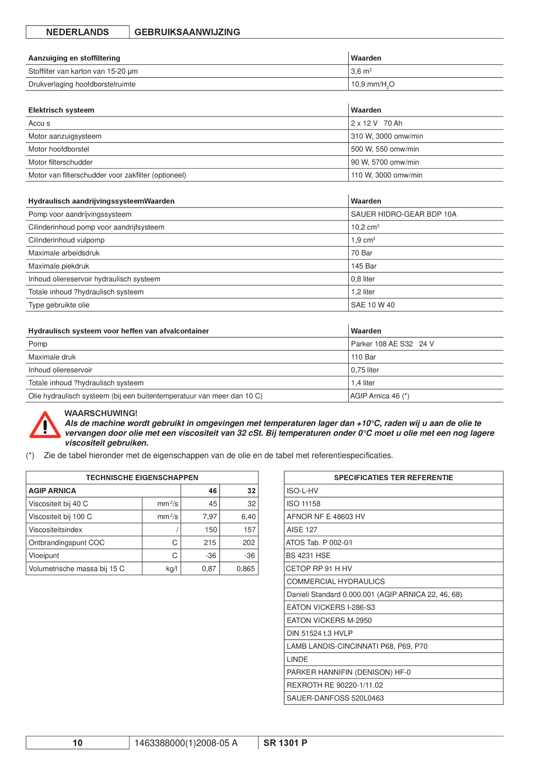 Nilfisk-ALTO SR 1301 P manuel dutilisation Aanzuiging en stofﬁltering Waarden, Elektrisch systeem Waarden 