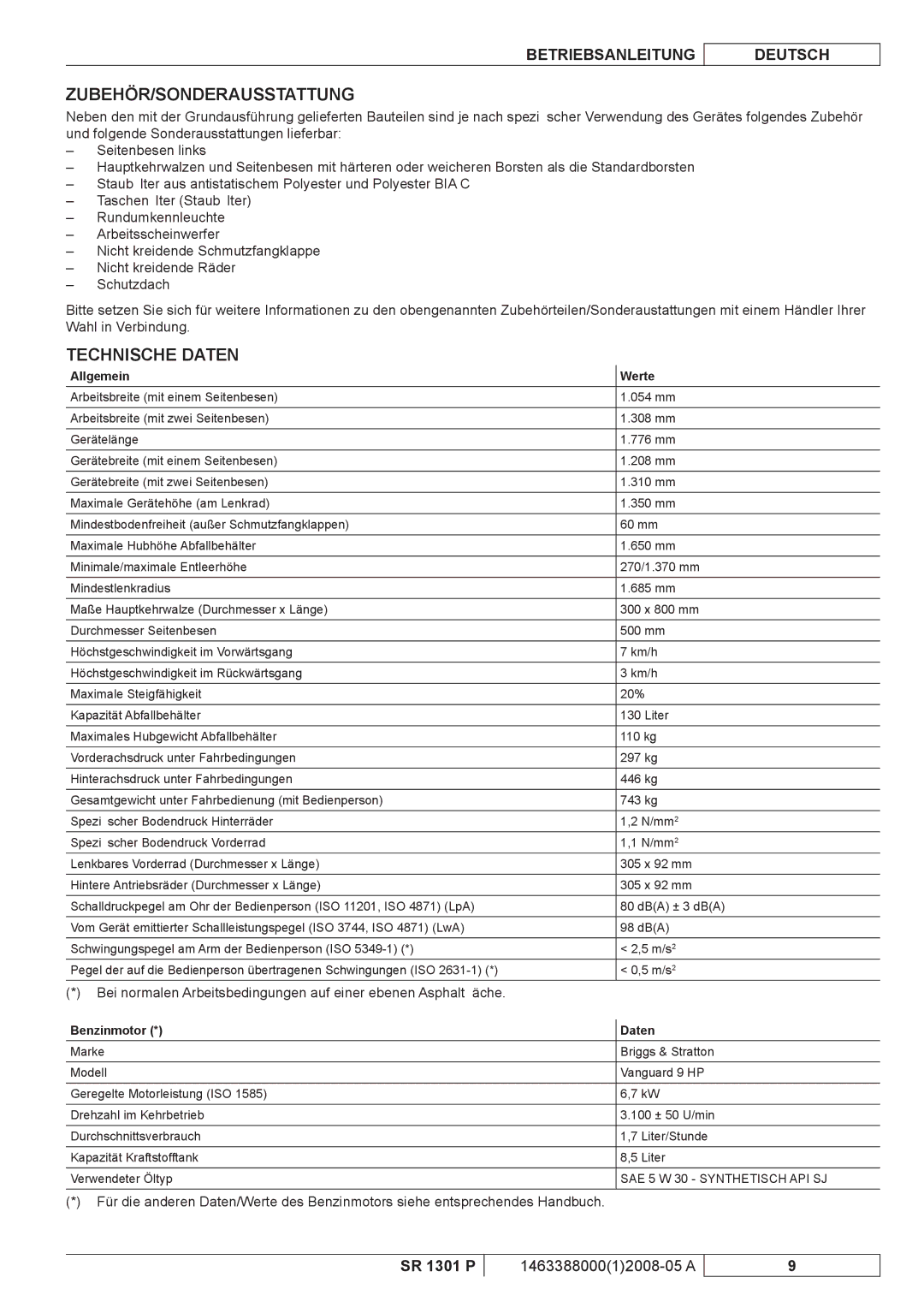 Nilfisk-ALTO SR 1301 P manuel dutilisation Zubehör/Sonderausstattung, Technische Daten, Allgemein Werte, Benzinmotor Daten 