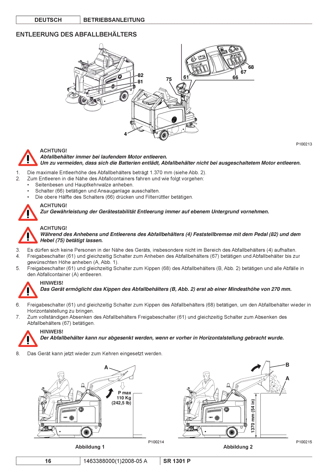 Nilfisk-ALTO SR 1301 P manuel dutilisation Entleerung DES Abfallbehälters, 1370 mm 54 