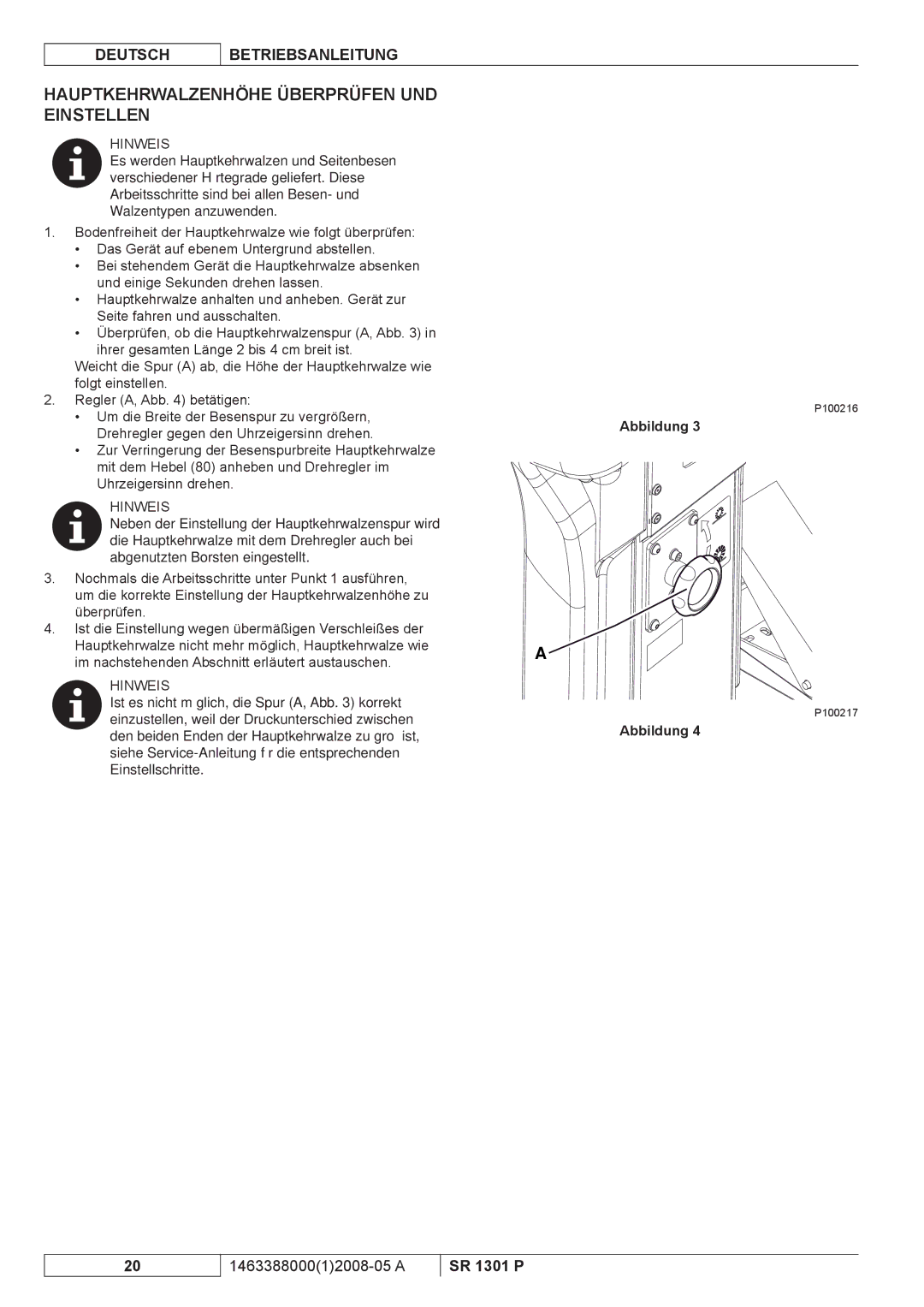 Nilfisk-ALTO SR 1301 P manuel dutilisation Hauptkehrwalzenhöhe Überprüfen UND Einstellen 