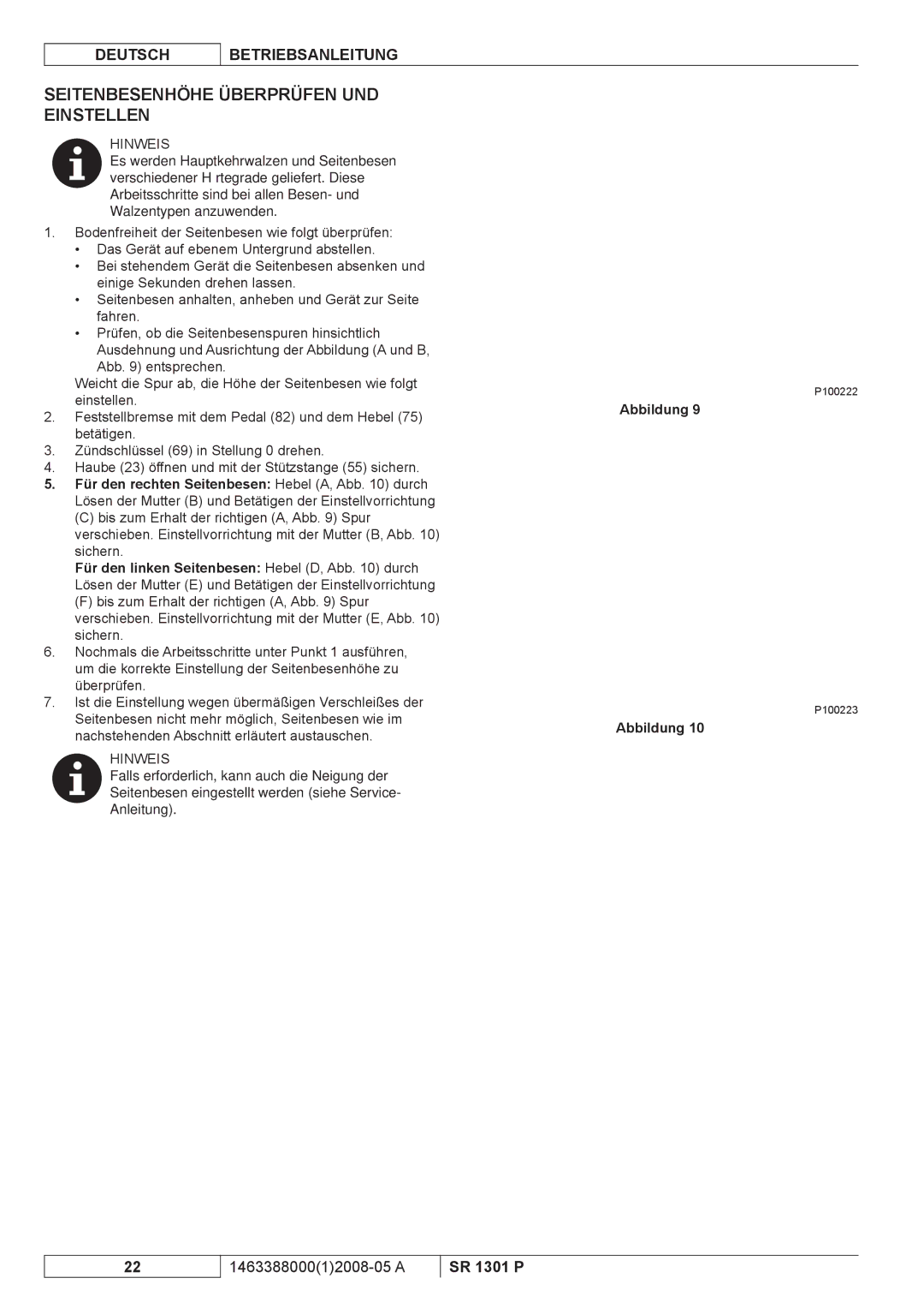 Nilfisk-ALTO SR 1301 P manuel dutilisation Seitenbesenhöhe Überprüfen UND Einstellen 