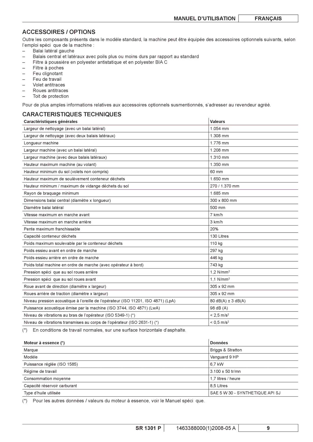 Nilfisk-ALTO SR 1301 P Accessoires / Options, Caracteristiques Techniques, Caractéristiques générales Valeurs 