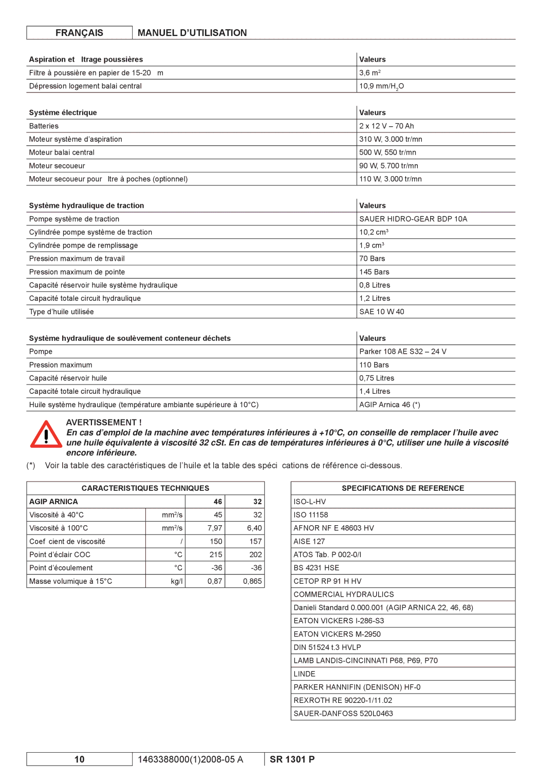 Nilfisk-ALTO SR 1301 P manuel dutilisation Aspiration et ﬁltrage poussières Valeurs, Système électrique Valeurs 