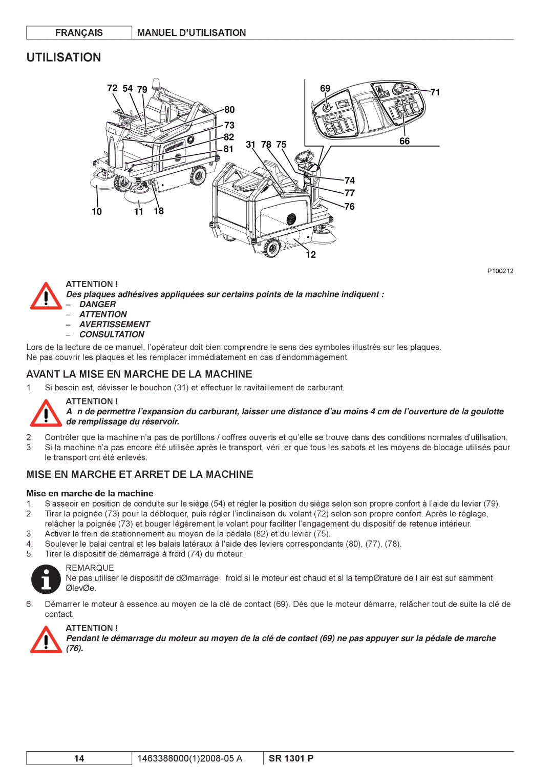 Nilfisk-ALTO SR 1301 P Utilisation, Avant LA Mise EN Marche DE LA Machine, Mise EN Marche ET Arret DE LA Machine 