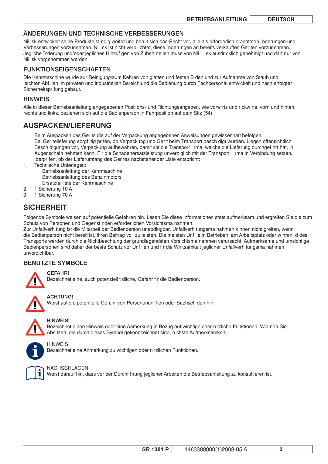 Nilfisk-ALTO SR 1301 P manuel dutilisation Auspacken/Lieferung, Sicherheit 