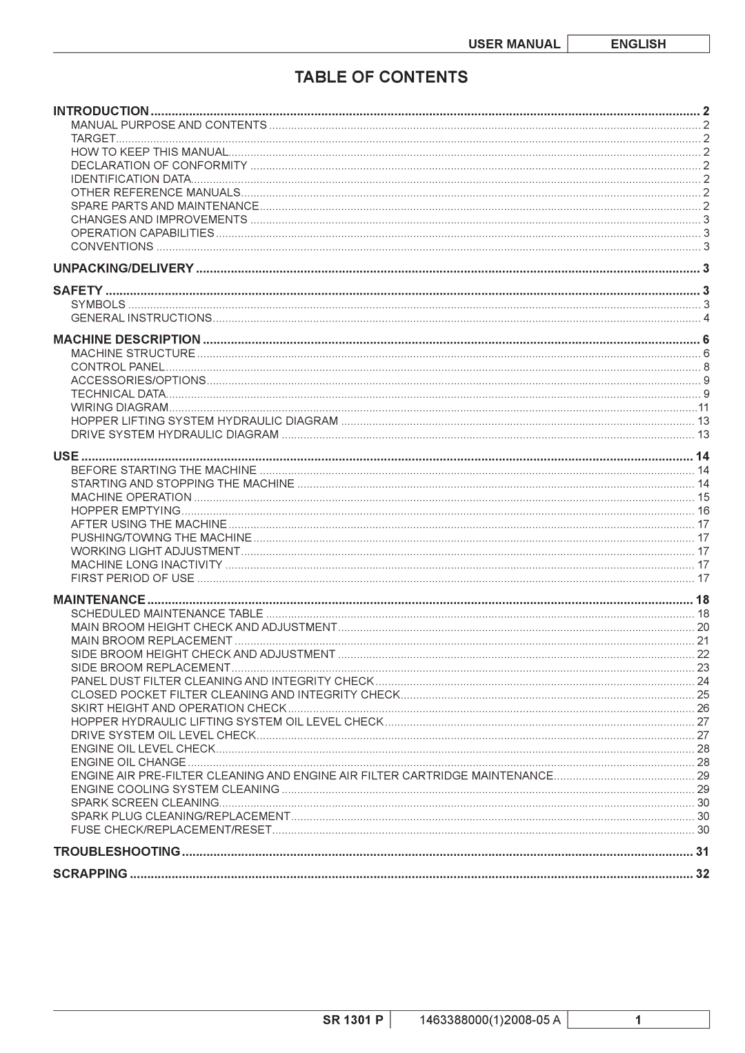 Nilfisk-ALTO SR 1301 P manuel dutilisation Table of Contents 