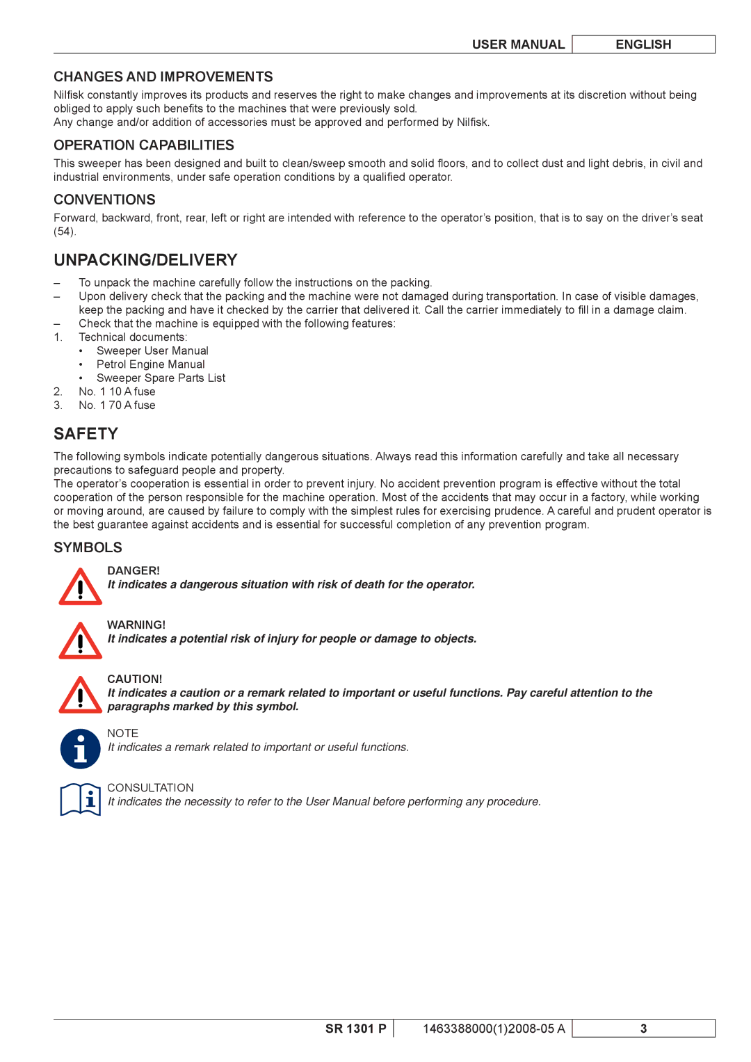 Nilfisk-ALTO SR 1301 P Unpacking/Delivery, Safety, Changes and Improvements, Operation Capabilities, Symbols 