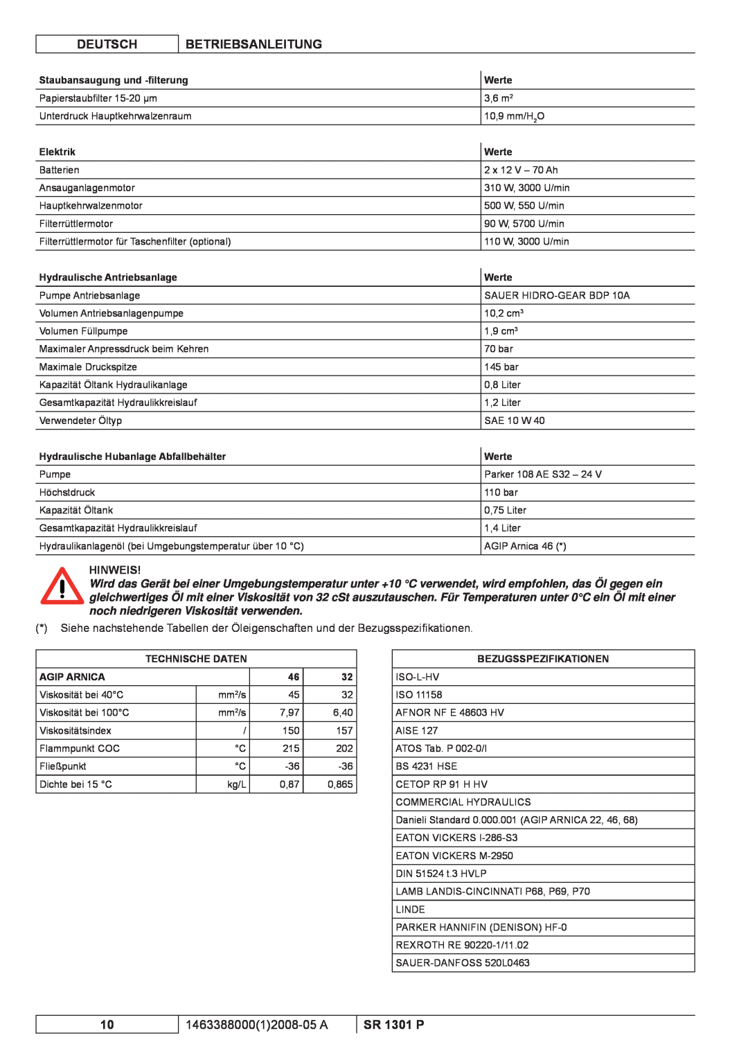 Nilfisk-ALTO SR 1301 P manuel dutilisation Deutsch, Betriebsanleitung, 146338800012008-05 A, Hinweis 