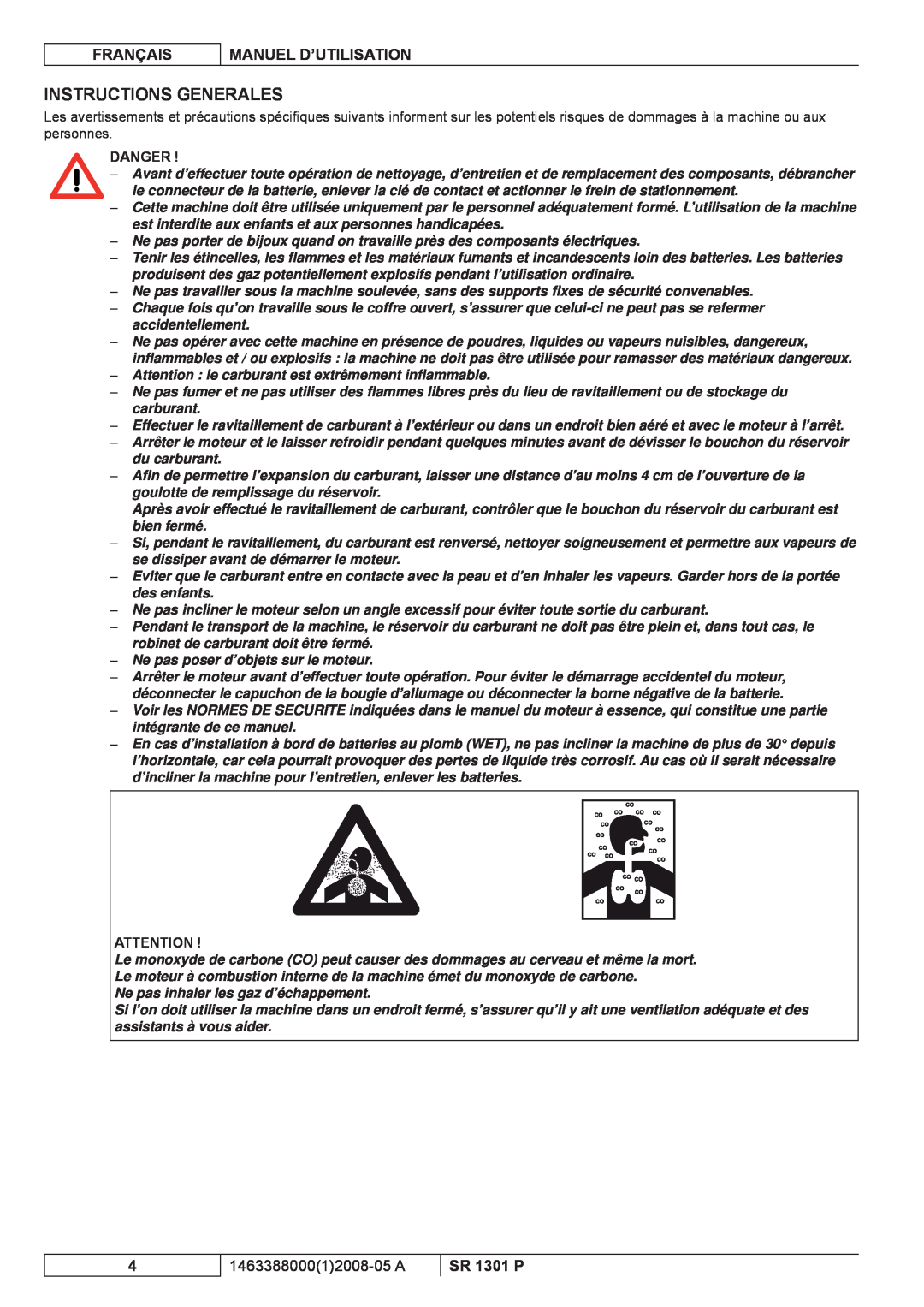 Nilfisk-ALTO SR 1301 P Instructions Generales, Français, Manuel D’Utilisation, 146338800012008-05 A, Danger 