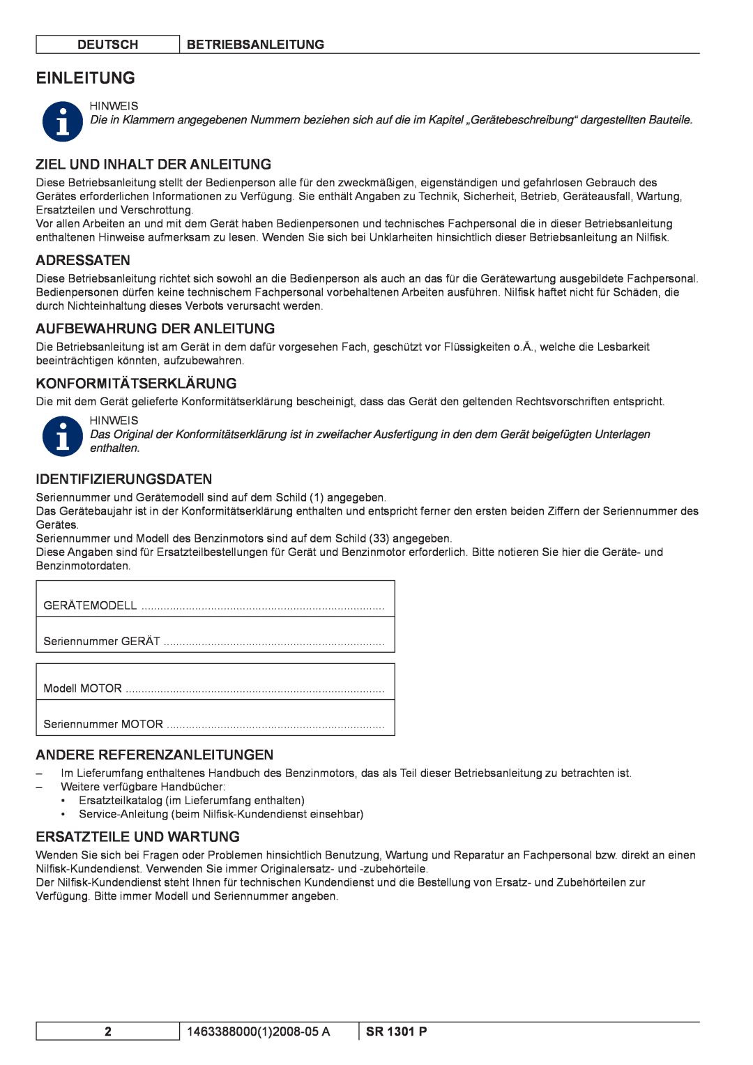 Nilfisk-ALTO SR 1301 P Einleitung, Ziel Und Inhalt Der Anleitung, Adressaten, Aufbewahrung Der Anleitung, Deutsch 