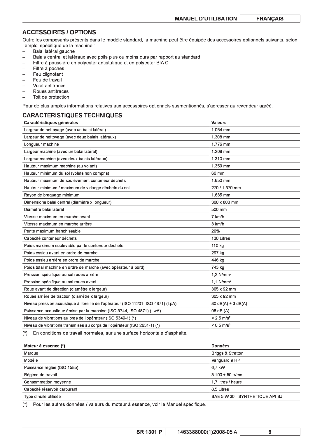 Nilfisk-ALTO SR 1301 P Accessoires / Options, Caracteristiques Techniques, Manuel D’Utilisation, Français 