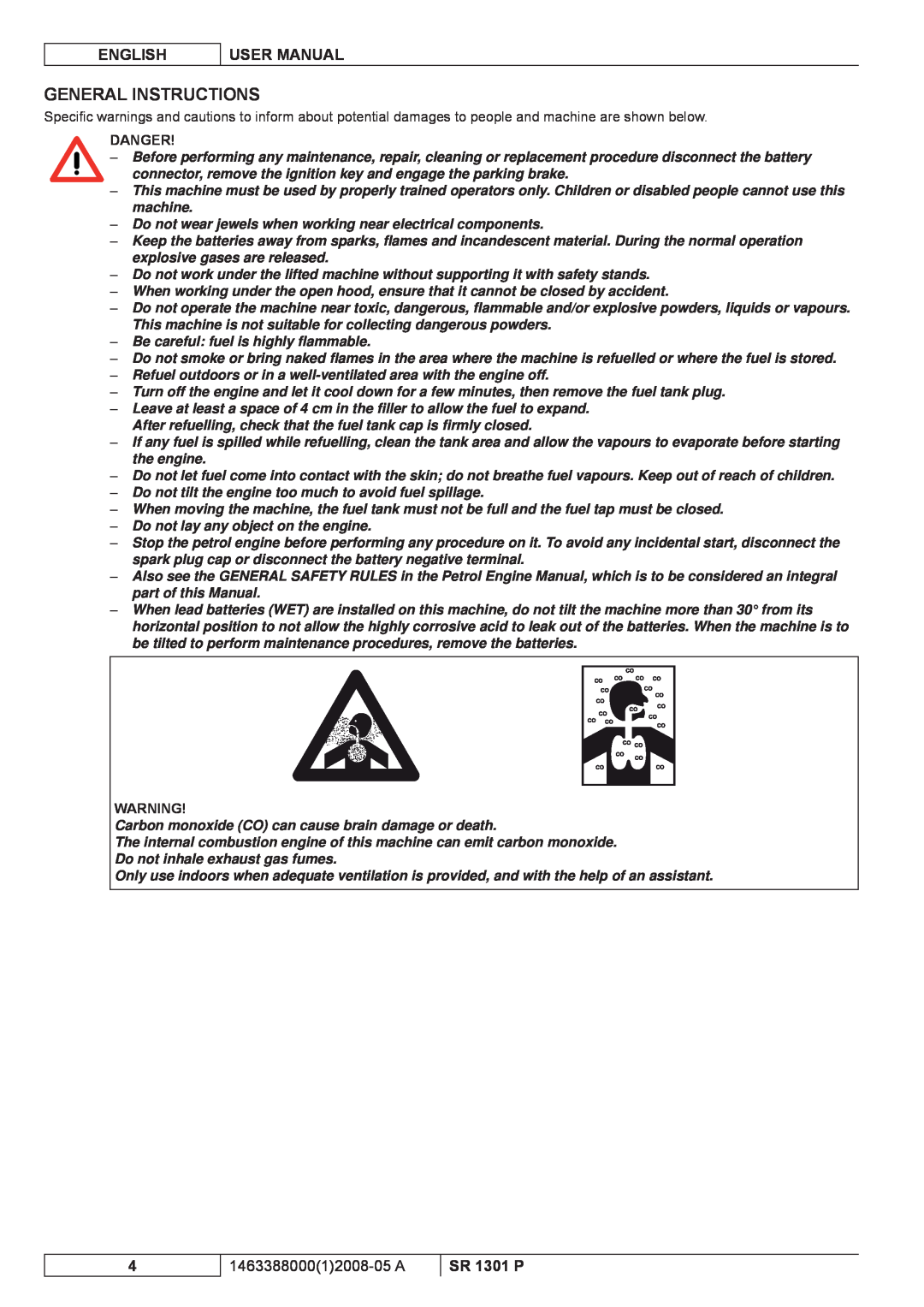 Nilfisk-ALTO SR 1301 P manuel dutilisation General Instructions, English, User Manual, 146338800012008-05 A, Danger 