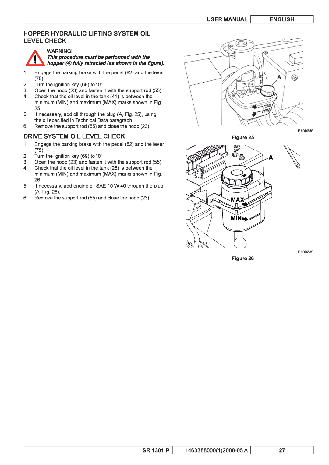 Nilfisk-ALTO SR 1301 P Hopper Hydraulic Lifting System Oil Level Check, Drive System Oil Level Check, A Max Min, English 