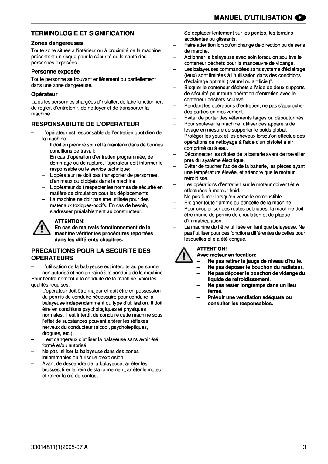 Nilfisk-ALTO SR 1450 B-D Terminologie Et Signification, Responsabilite De Loperateur, Zones dangereuses, Personne exposée 