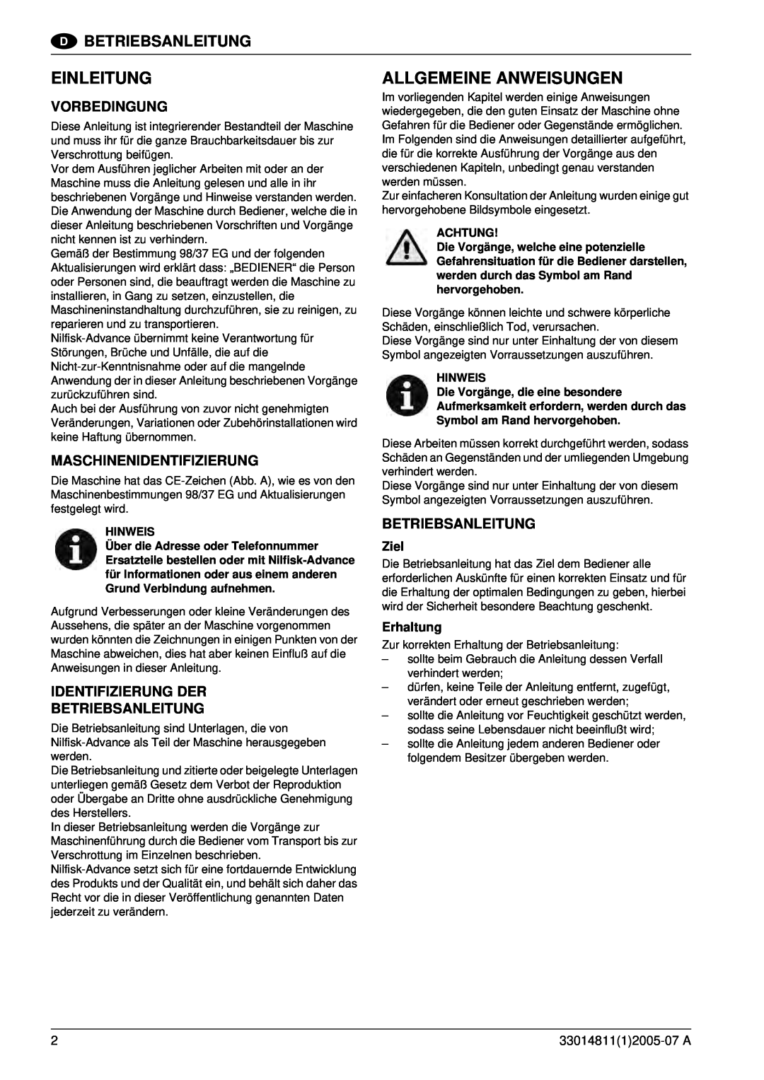 Nilfisk-ALTO SR 1450 B-D Einleitung, Allgemeine Anweisungen, Betriebsanleitung, Vorbedingung, Maschinenidentifizierung 