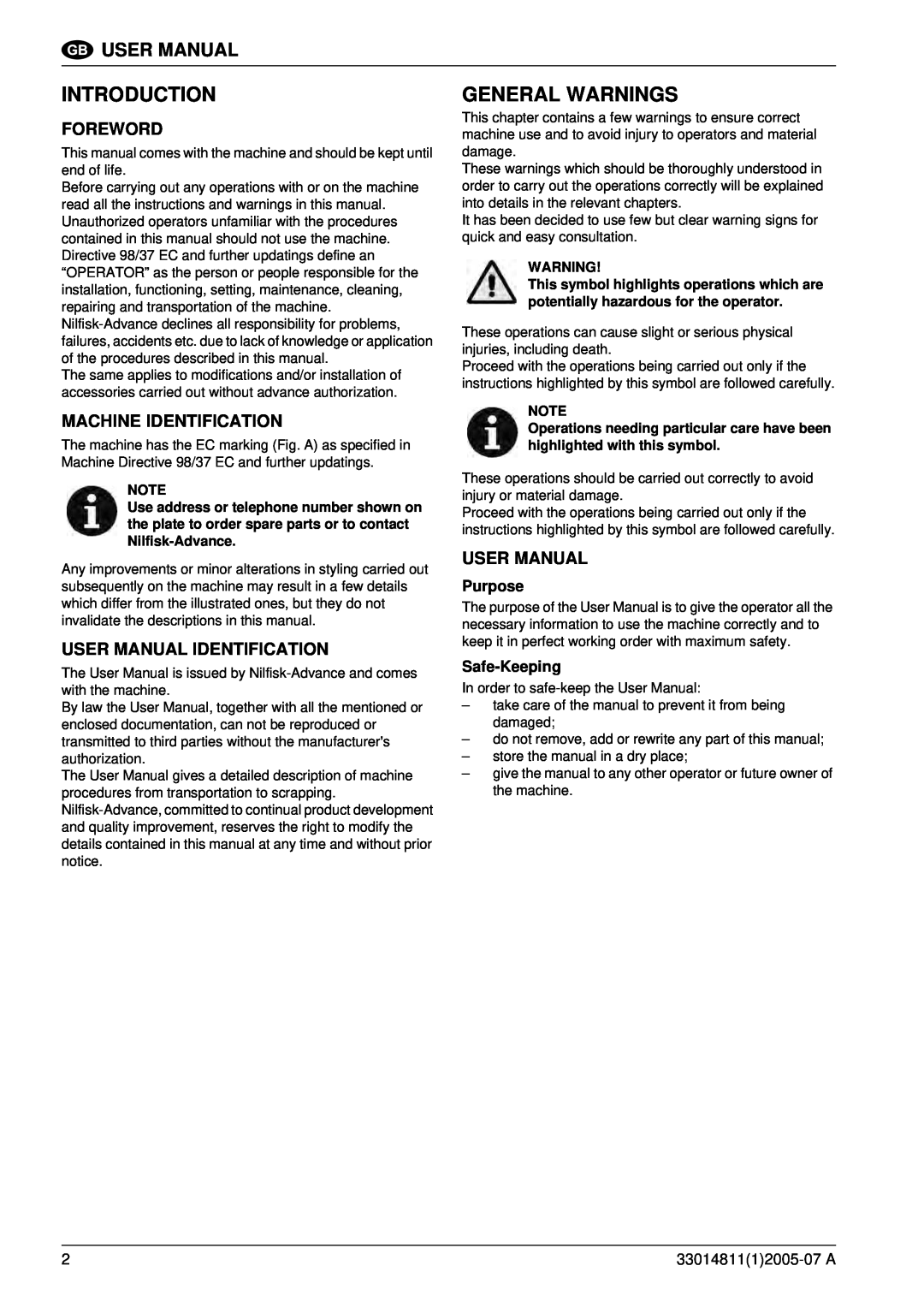 Nilfisk-ALTO SR 1450 B-D General Warnings, Foreword, Machine Identification, User Manual Identification, Purpose 