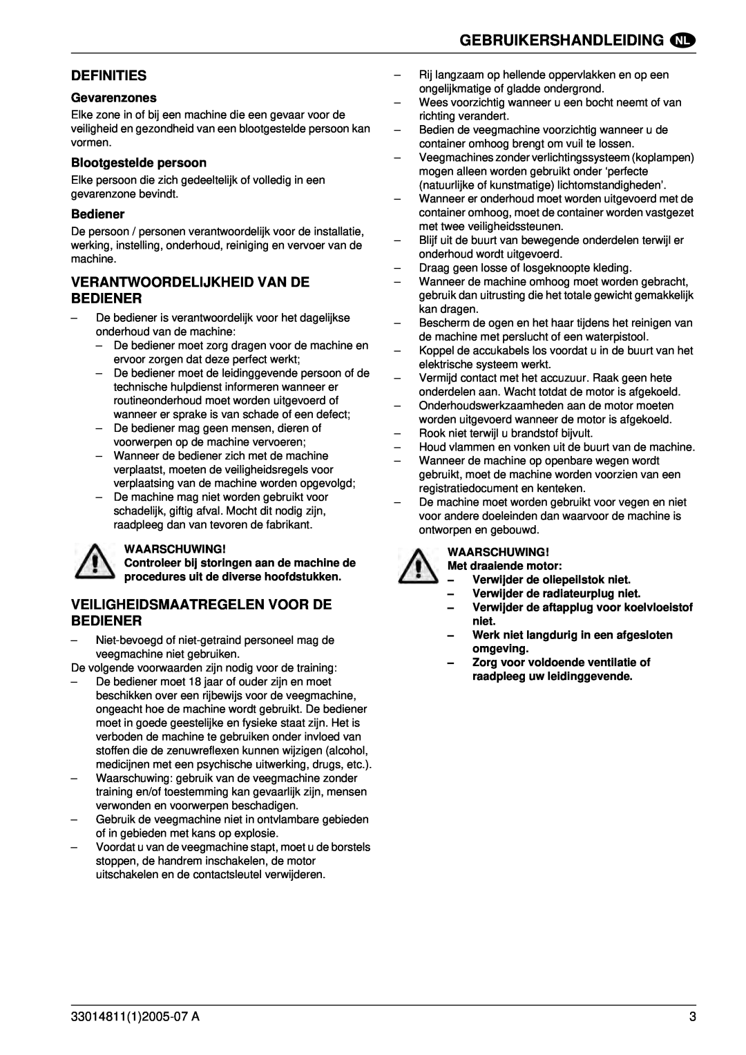 Nilfisk-ALTO SR 1450 B-D Definities, Verantwoordelijkheid Van De Bediener, Veiligheidsmaatregelen Voor De Bediener 