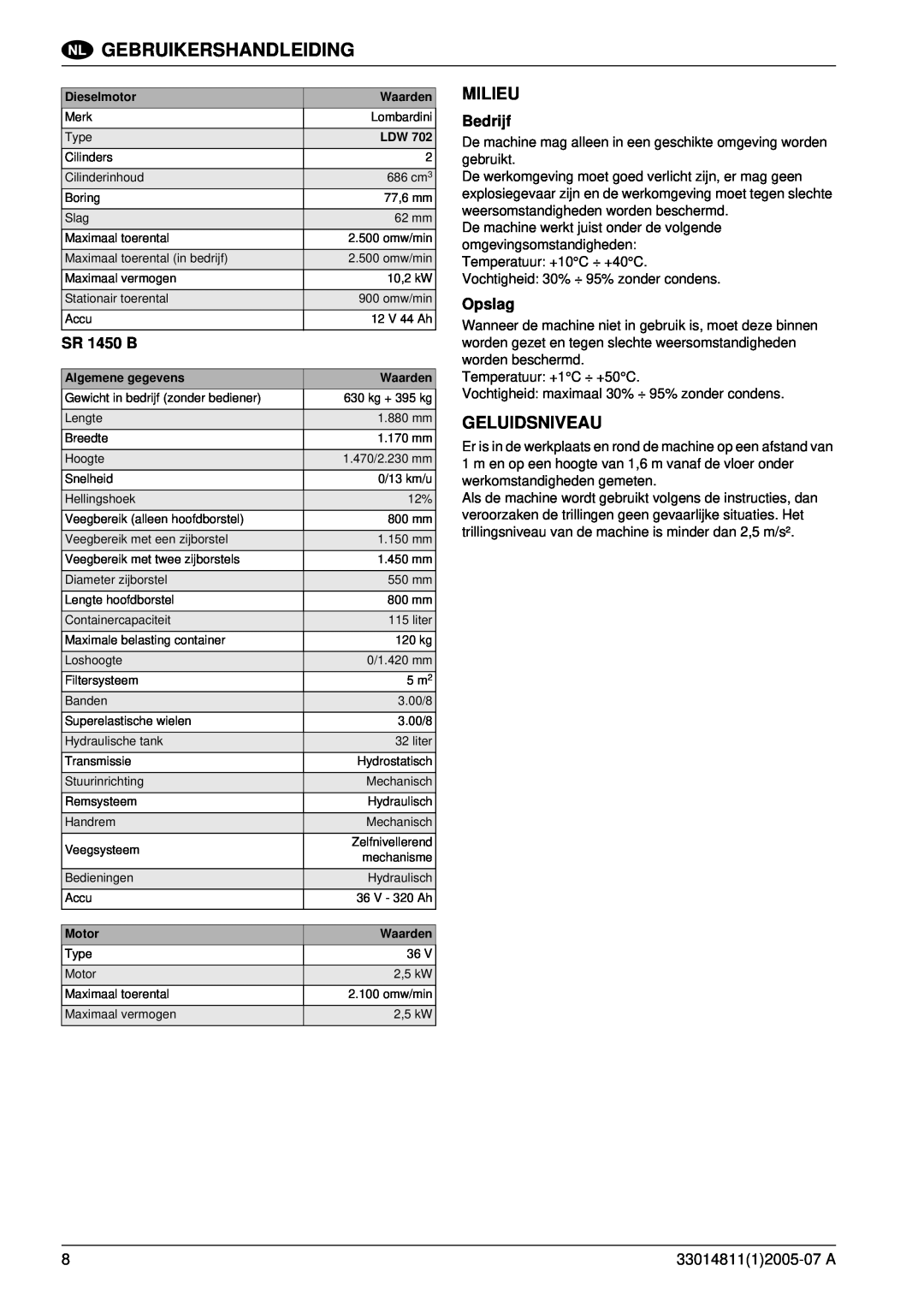 Nilfisk-ALTO SR 1450 B-D manuel dutilisation Milieu, Geluidsniveau, Bedrijf, Opslag, Gebruikershandleiding 