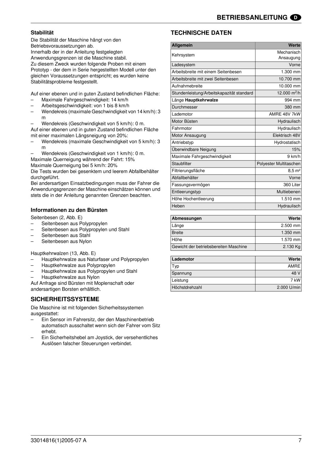 Nilfisk-ALTO SR 1700 2WD B Sicherheitssysteme, Technische Daten, Stabilität, Informationen zu den Bürsten 