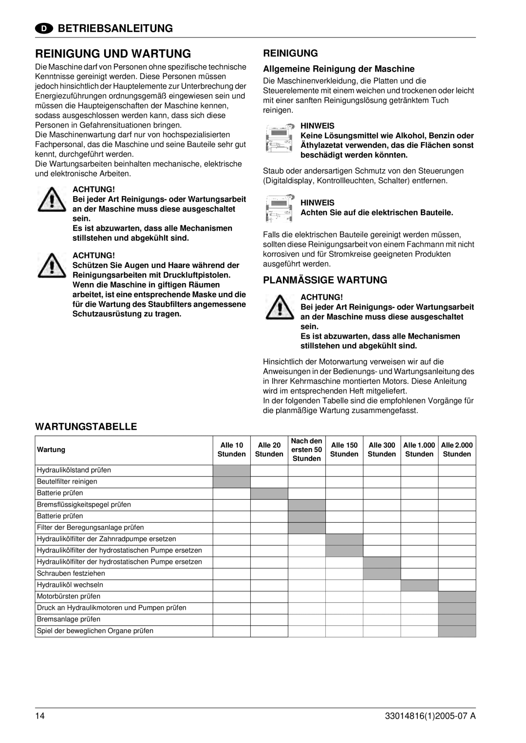 Nilfisk-ALTO SR 1700 2WD B Reinigung UND Wartung, Planmässige Wartung, Wartungstabelle, Allgemeine Reinigung der Maschine 